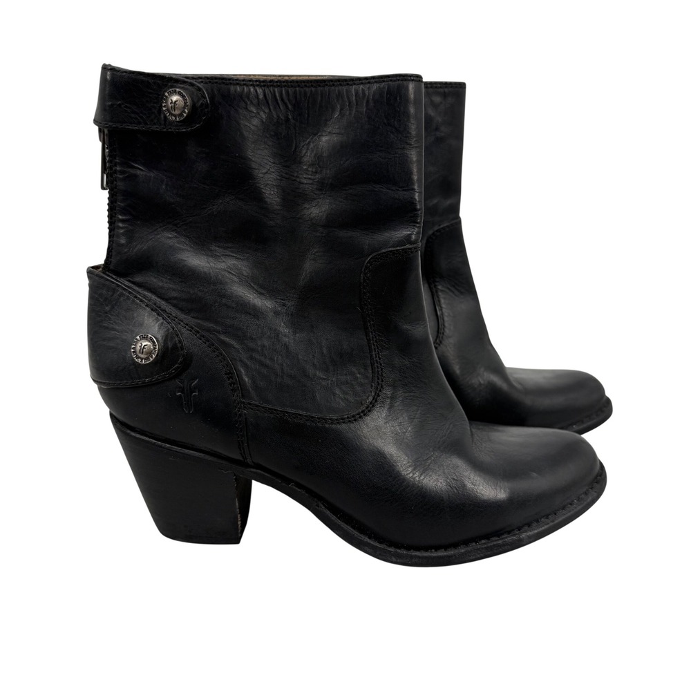 Frye Jackie Back‎ Zip Black Leather Ankle Boots Womens 7 B 3476302 Western Heel